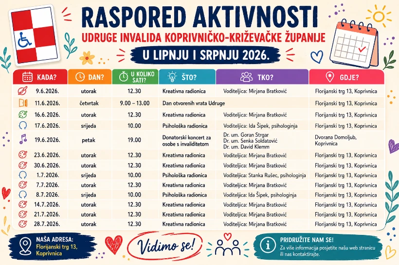 Raspored aktivnosti Udruge u lipnju i srpnju 2026.-naslovna Raspored aktivnosti Udruge u lipnju i srpnju 2026.-naslovna